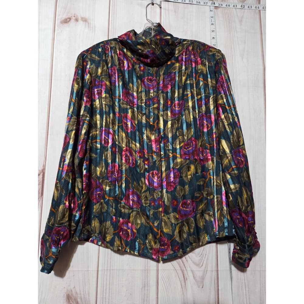 Ladies 10 Vintage Rose Floral Print Blouse Top Long Sleeve Mock Neck Gold Stripe